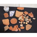 Collection of 19th century and earlier finds to include blue and white tile, terracotta tiles,