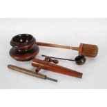 Collection of 19th century treen items, to include a rare masher or plunger, lignum vitae salt, beer