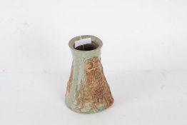 Bernard Rooke, studio pottery vase of tapering cylindrical form, with owl decoration, 14.5cm tall
