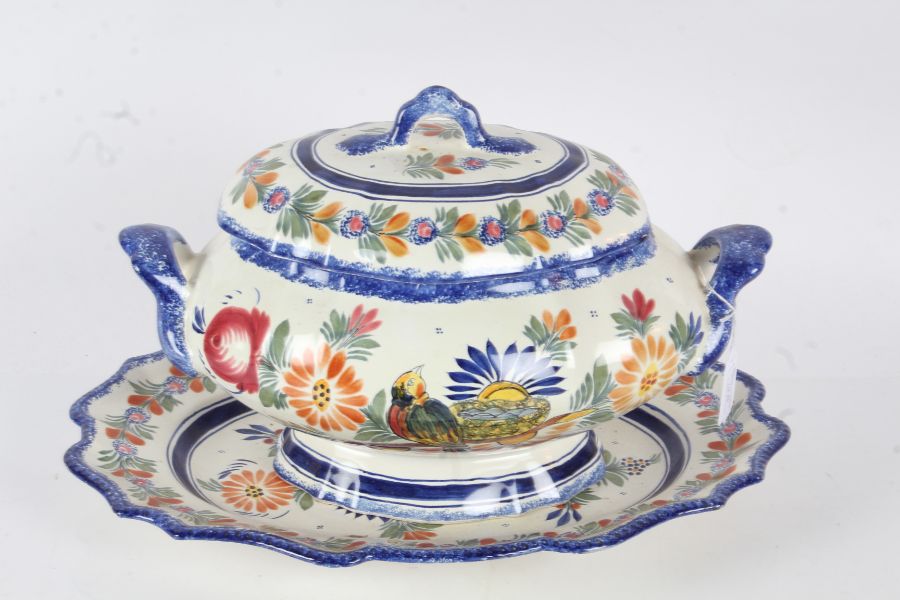 Large Quimper pottery tureen and cover, with matching platter, 39cm wide & 43cm wide (2)