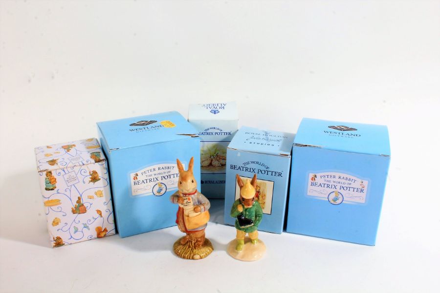 Five boxed Beatrix Potter Peter Rabbit figures, to include Benjamin Bunny and others, all housed