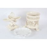 Royal Creamware jardeniere, of cylindrical form, with pierced body and raised on three paw feet,