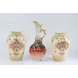 Pair of Crown Devon floral decorated vases, 19cm tall, and a Limoges porcelain ewer, 27cm tall (2)