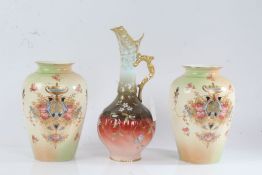 Pair of Crown Devon floral decorated vases, 19cm tall, and a Limoges porcelain ewer, 27cm tall (2)