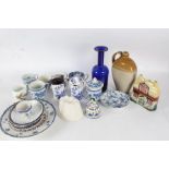 Mixed ceramics, to include a stoneware flask, Meissen style moustache tea cup and saucer, similar