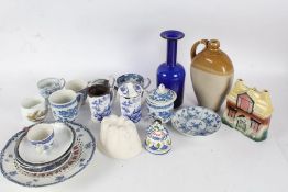 Mixed ceramics, to include a stoneware flask, Meissen style moustache tea cup and saucer, similar