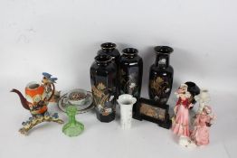 A Collection of various ceramics to include four black Chinese vases, leaf bowl, Staffordshire bowls