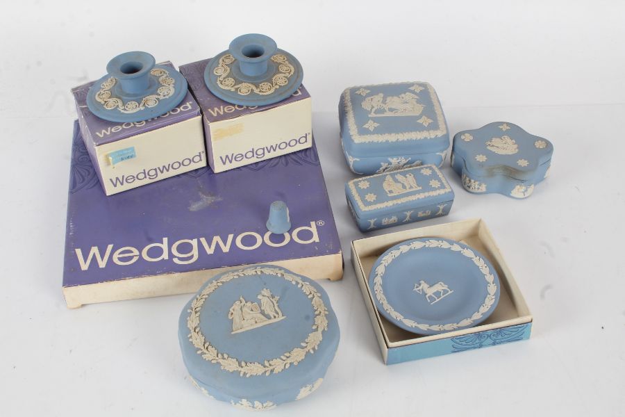 Collection of Wedgwood blue jasper ware to include, pots and covers, plate, pair of candlesticks