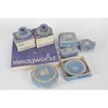 Collection of Wedgwood blue jasper ware to include, pots and covers, plate, pair of candlesticks