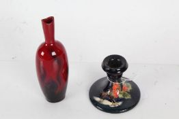 Royal Doulton flambe posy vase, 18cm tall, together with a Moorcroft pottery dwarf candlestick
