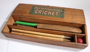 Early 20th Century childs cricket set, the box labelled "The Presentation Set of Cricket",