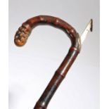 Bamboo and silver mounted horse measuring walking stick, the bamboo cane with curved handle, the