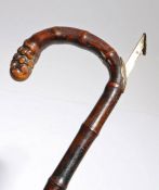 Bamboo and silver mounted horse measuring walking stick, the bamboo cane with curved handle, the