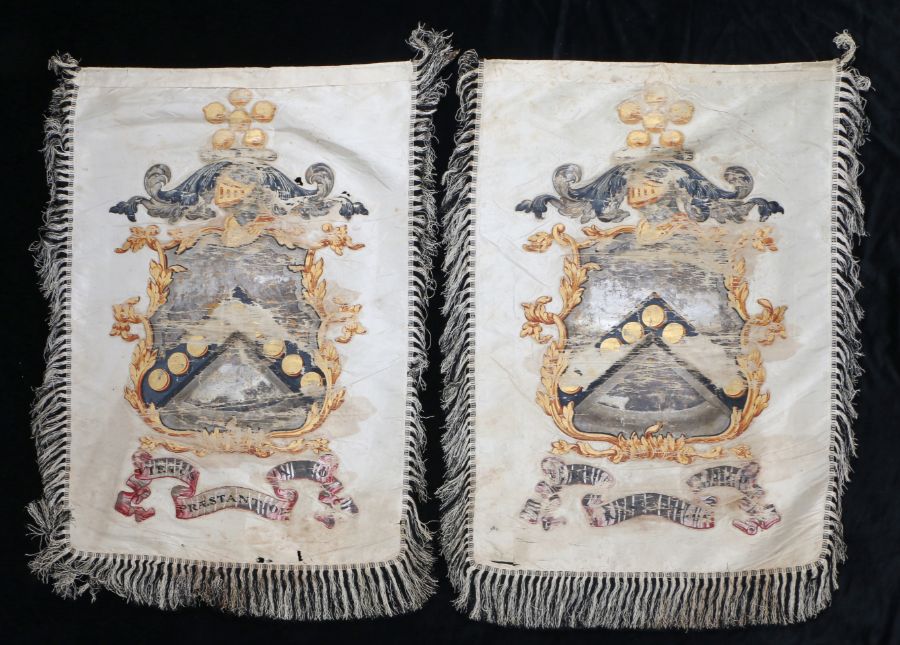 Pair of 19th Century armorial silks, centred with a hand painted crest and gilt leaf edges above the - Image 2 of 2