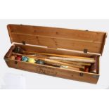 Jaques lawn croquet set, to include six hoops, four painted bowls, wooden peg, four metal corner
