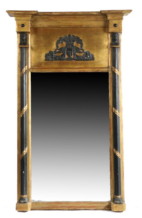 19th Century Egyptian revival pier mirror, the rectangular mirror plate flanked by ebonised column