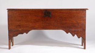 17th Century elm six plank coffer, the rectangular top above a panel front back and sides and shaped