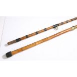 Early 20th Century bamboo sea fishing rod, with brass mounts and ceramic eyes, 342cm long