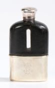 Victorian silver, clear glass and black leather hip flask, London 1872, maker Wright and Davies,