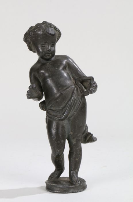 18th Century lead figure, of a boy standing with a triangle and a draped robe on a plinth base, 20cm - Image 4 of 4