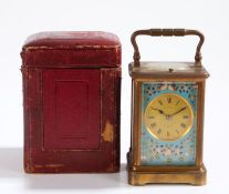 Late 19th Century French brass and cloisonné enamel carriage clock, the case with foliate and