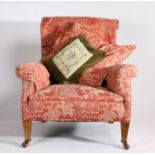 Howard and Sons style deep armchair, the stuff over button back above a stuff over seat flanked by