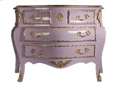 20th century French commode chest, of bombe form, in lilac, with gilt metal drawer fronts and