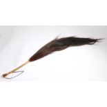 Horse tail hair fly whisk, with plaited brown leather carrying handle, 125cm long