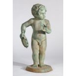 Cast metal garden statue, of a boy standing with a tambourine on a plinth base, 73cm high