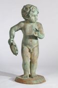 Cast metal garden statue, of a boy standing with a tambourine on a plinth base, 73cm high