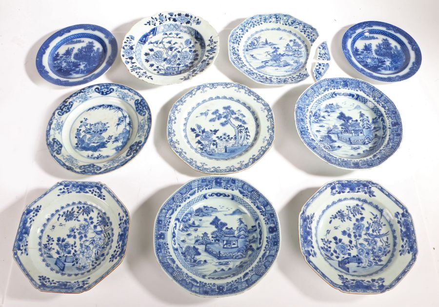 Collection of ten 19th Century Chinese blue and white porcelain plates and shallow dishes, to