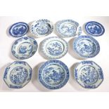 Collection of ten 19th Century Chinese blue and white porcelain plates and shallow dishes, to