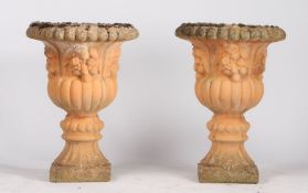 Pair terracotta garden urns, each with a gadrooned rim above the urn and plinth base, 48cm wide,