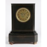 Victorian ebonised and brass banded mantel clock, the ebonised canted case with brass stringing, the