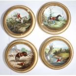 Four Minton porcelain plates hand painted with scenes from "Count Sandos' Exploits in