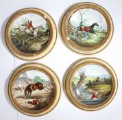 Four Minton porcelain plates hand painted with scenes from "Count Sandos' Exploits in
