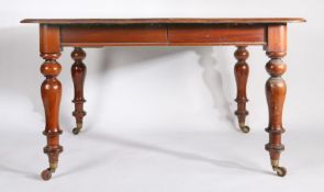 Victorian mahogany pull-out dining table, raised on baluster legs and castors, with one extra