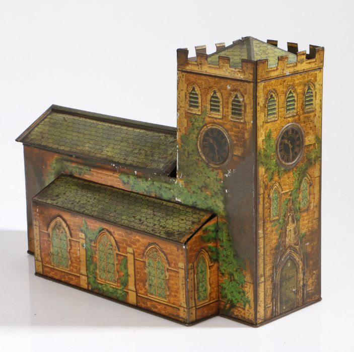Novelty "Victory Lozenges" tin, in the form of a church, lithographed in colours, with lift up