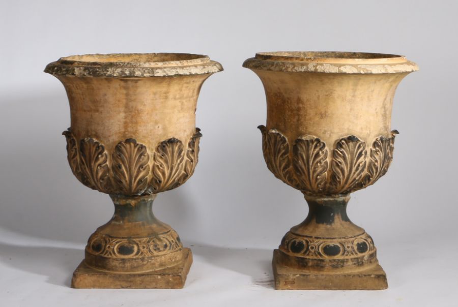 Substantial pair of Doulton Lambeth garden urns, the flared bodies with acanthus leaf decoration