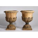 Substantial pair of Doulton Lambeth garden urns, the flared bodies with acanthus leaf decoration