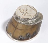 Horse hoof inkwell by the Army & Navy Stores Limited, the silver plated hinged lid engraved "DICK BY