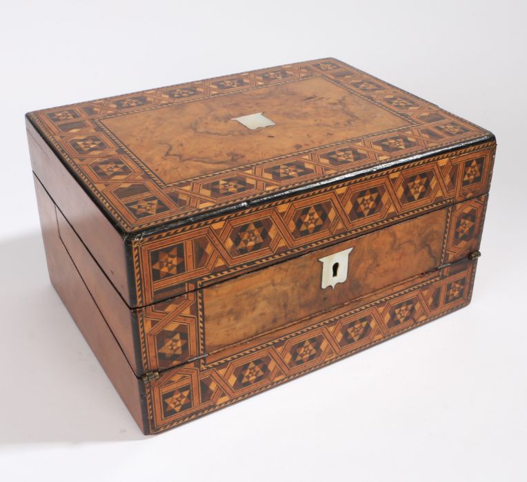 Victorian walnut and marquetry inlaid writing box, the hinged lid with mother of pearl cartouche - Image 2 of 3