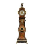 French Boulle work longcase clock, cartouche shaped top with Cronus sat on globular finial, circular