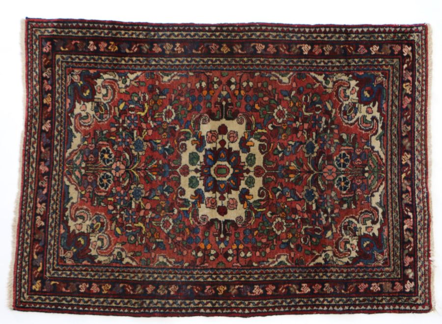Persian Zaronim Hamadan rug, centred with a flower head within a floral pattern on red ground, 150cm - Image 2 of 2