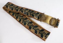 Mid 19th century long tapestry servants’ bell pull with brass rose and scroll cast handle, 238cm