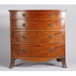 Regency mahogany and boxwood strung bowfront chest of four long drawers, raised on out swept bracket