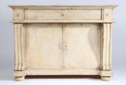 A French white painted side cabinet, the rectangular top above a frieze drawer flanked by a star