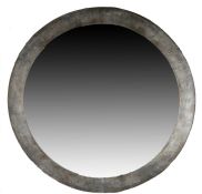 A very large faux metal circular wall mirror, the circular mirror plate with plywood surround