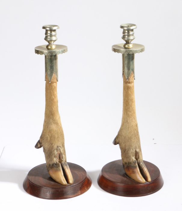 Pair of silver plate mounted deer slot candlesticks, the knopped sconces above the deer slot stems