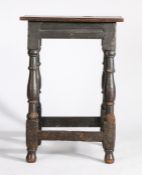 17th Century and later oak joint stool, the later rectangular top with chip carved edge above the